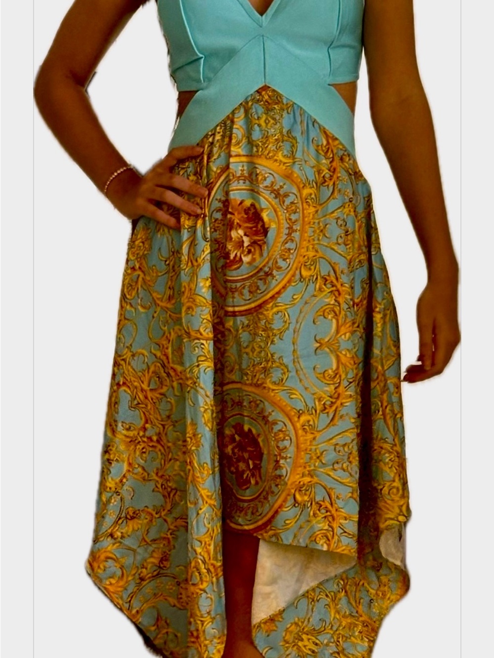 Fashion Nova Aqua and Gold Baroque High-Low Dress